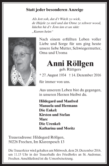 Anzeige von Anni Röllgen von  Wochenende 