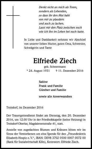 Anzeige von Elfriede Ziech von Kölner Stadt-Anzeiger / Kölnische Rundschau / Express