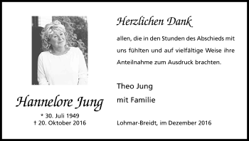 Anzeige von Hannelore Jung von Kölner Stadt-Anzeiger / Kölnische Rundschau / Express
