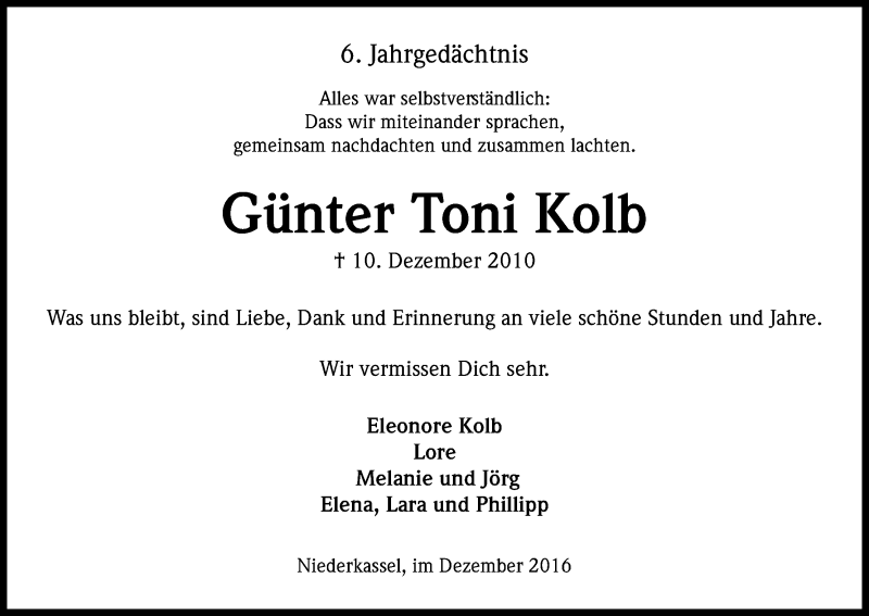  Traueranzeige für Günter Toni Kolb vom 10.12.2016 aus Kölner Stadt-Anzeiger / Kölnische Rundschau / Express