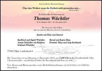 Anzeige von Thomas Wächtler von Kölner Stadt-Anzeiger / Kölnische Rundschau / Express