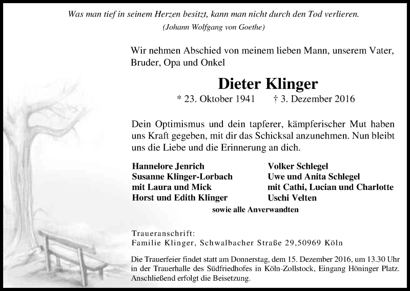  Traueranzeige für Dieter Klinger vom 10.12.2016 aus Kölner Stadt-Anzeiger / Kölnische Rundschau / Express