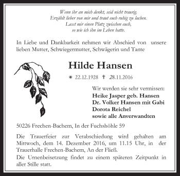 Anzeige von Hilde Hansen von  Wochenende 