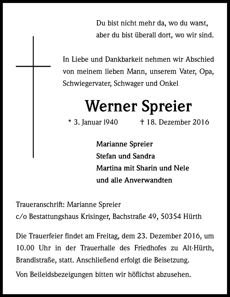  Traueranzeige für Werner Spreier vom 21.12.2016 aus Kölner Stadt-Anzeiger / Kölnische Rundschau / Express