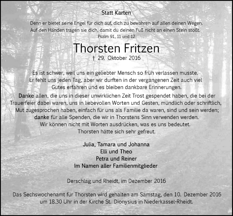  Traueranzeige für Thorsten Fritzen vom 07.12.2016 aus  Anzeigen Echo 
