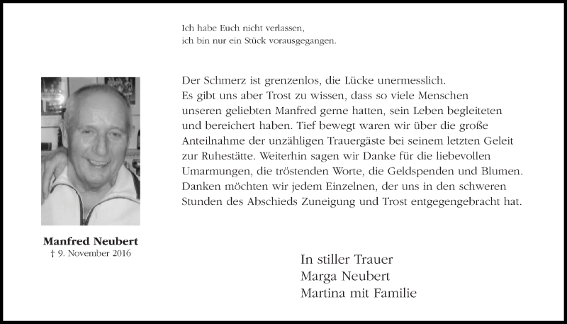  Traueranzeige für Manfred Neubert vom 14.12.2016 aus  Kölner Wochenspiegel 