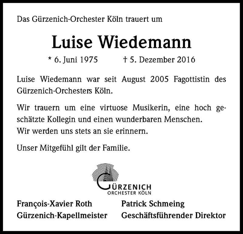  Traueranzeige für Luise Wiedemann vom 10.12.2016 aus Kölner Stadt-Anzeiger / Kölnische Rundschau / Express