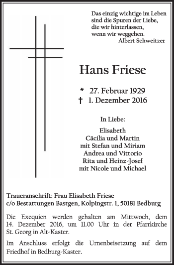 Anzeige von Hans Friese von  Sonntags-Post 