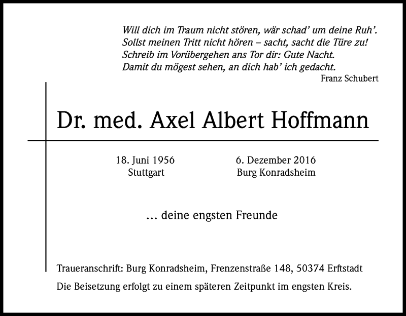  Traueranzeige für Axel Albert Hoffmann vom 17.12.2016 aus Kölner Stadt-Anzeiger / Kölnische Rundschau / Express