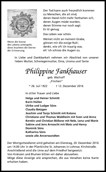 Anzeige von Philippine Fankhauser von Kölner Stadt-Anzeiger / Kölnische Rundschau / Express