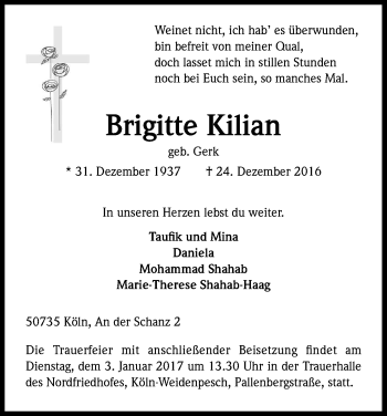 Anzeige von Brigitte Kilian von Kölner Stadt-Anzeiger / Kölnische Rundschau / Express