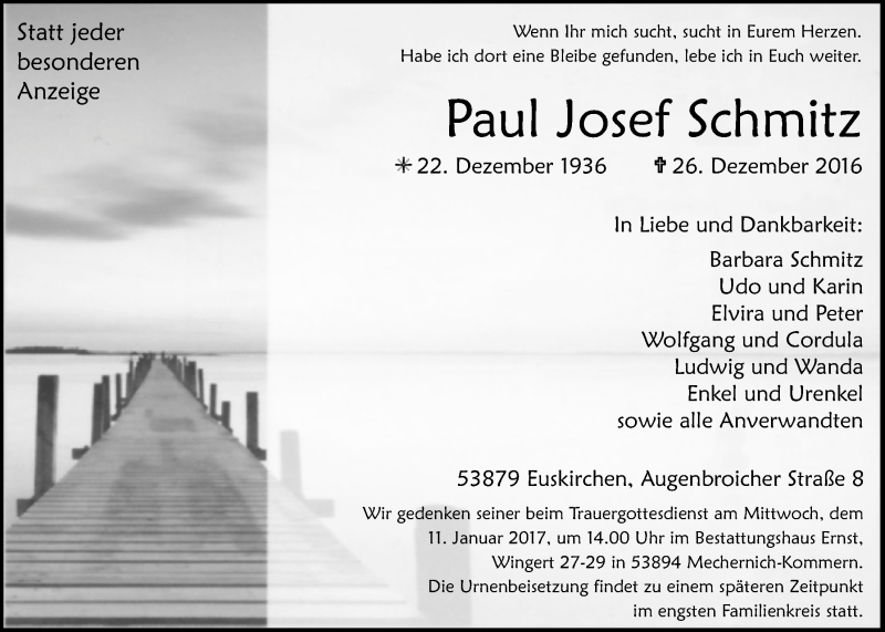  Traueranzeige für Paul Josef Schmitz vom 31.12.2016 aus  Blickpunkt Euskirchen 