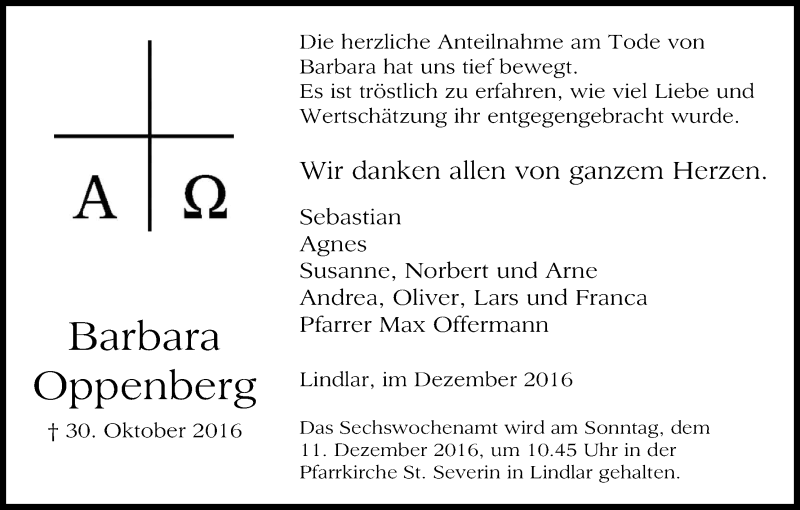  Traueranzeige für Barbara Oppenberg vom 03.12.2016 aus Kölner Stadt-Anzeiger / Kölnische Rundschau / Express