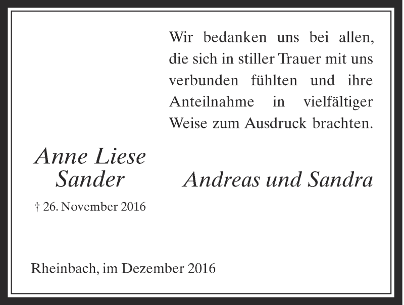  Traueranzeige für Anne Liese Sander vom 21.12.2016 aus  Schaufenster/Blickpunkt 