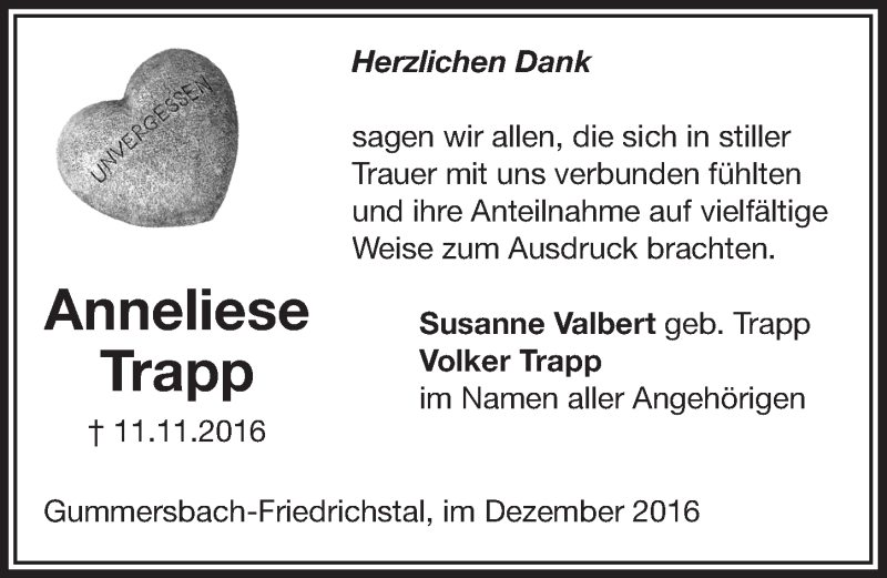  Traueranzeige für Anneliese Trapp vom 21.12.2016 aus  Anzeigen Echo 