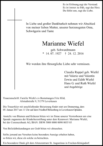 Anzeige von Marianne Wiefel von Kölner Stadt-Anzeiger / Kölnische Rundschau / Express
