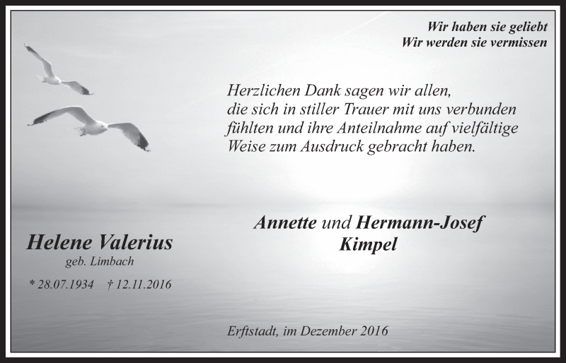  Traueranzeige für Helene Valerius vom 14.12.2016 aus  Werbepost 
