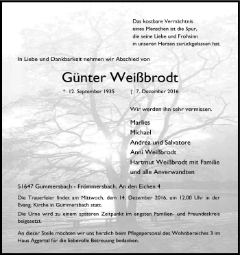 Anzeige von Günter Weißbrodt von Kölner Stadt-Anzeiger / Kölnische Rundschau / Express