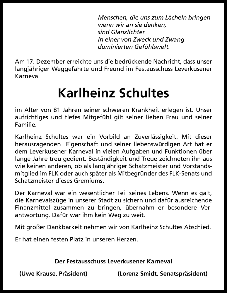  Traueranzeige für Karlheinz Schultes vom 23.12.2016 aus Kölner Stadt-Anzeiger / Kölnische Rundschau / Express