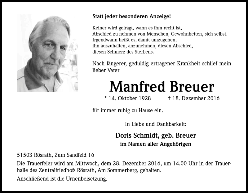  Traueranzeige für Manfred Breuer vom 24.12.2016 aus Kölner Stadt-Anzeiger / Kölnische Rundschau / Express