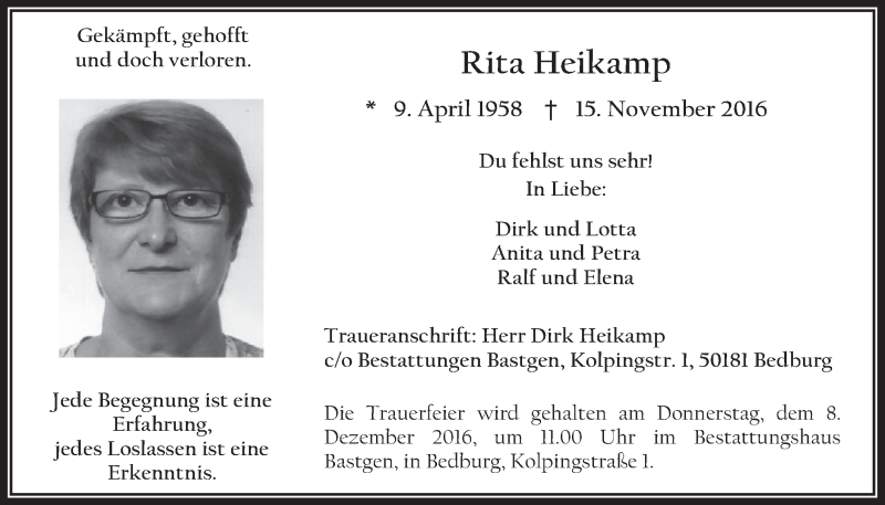  Traueranzeige für Rita Heikamp vom 07.12.2016 aus  Werbepost 