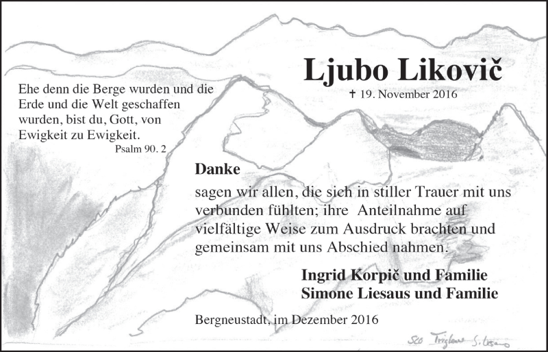  Traueranzeige für Ljubo Likovic vom 14.12.2016 aus  Anzeigen Echo 