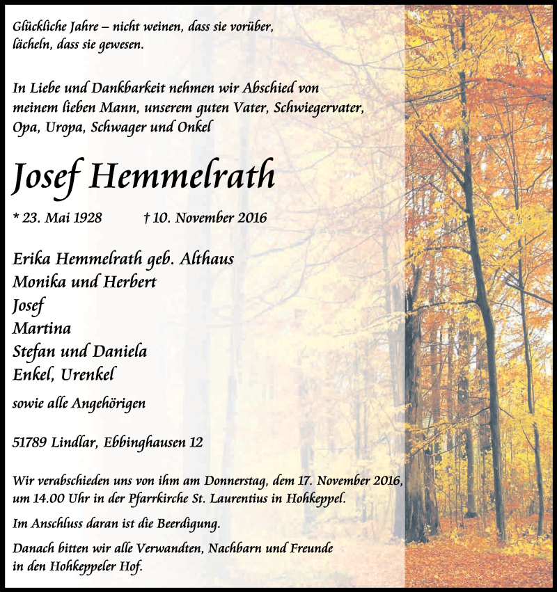  Traueranzeige für Josef Hemmelrath vom 27.12.2016 aus Kölner Stadt-Anzeiger / Kölnische Rundschau / Express