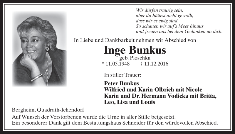  Traueranzeige für Inge Bunkus vom 21.12.2016 aus  Werbepost 