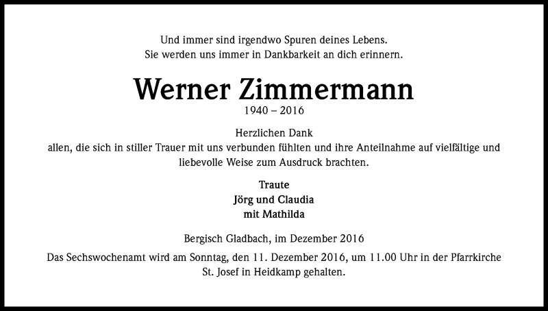  Traueranzeige für Werner Zimmermann vom 03.12.2016 aus Kölner Stadt-Anzeiger / Kölnische Rundschau / Express