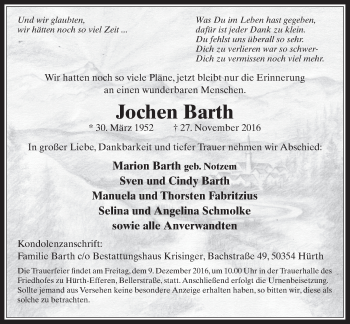 Anzeige von Jochen Barth von  Wochenende 