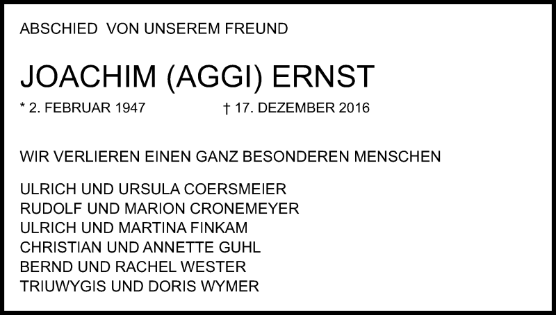  Traueranzeige für Joachim Ernst vom 21.12.2016 aus Kölner Stadt-Anzeiger / Kölnische Rundschau / Express