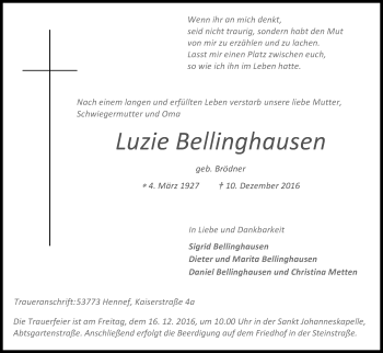 Anzeige von Luzie Bellinghausen von Kölner Stadt-Anzeiger / Kölnische Rundschau / Express