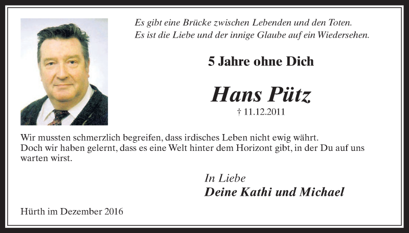  Traueranzeige für Hans Pütz vom 07.12.2016 aus  Wochenende 
