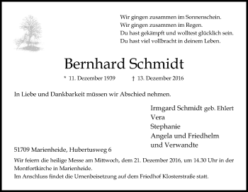 Anzeige von Bernhard Schmidt von Kölner Stadt-Anzeiger / Kölnische Rundschau / Express