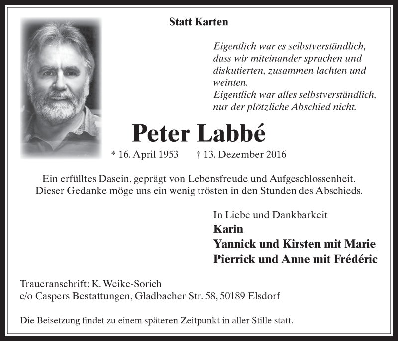  Traueranzeige für Peter Labbé vom 28.12.2016 aus  Werbepost 