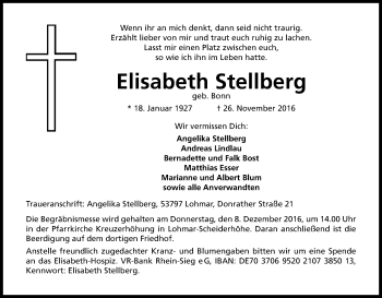 Anzeige von Elisabeth Stellberg von Kölner Stadt-Anzeiger / Kölnische Rundschau / Express