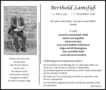 Anzeige von Berthold Lamsfuß von Kölner Stadt-Anzeiger / Kölnische Rundschau / Express