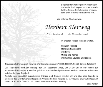 Anzeige von Herbert Herweg von Kölner Stadt-Anzeiger / Kölnische Rundschau / Express