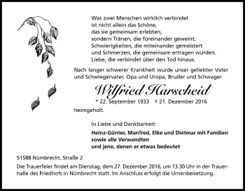 Anzeige von Wilfried Harscheid von Kölner Stadt-Anzeiger / Kölnische Rundschau / Express