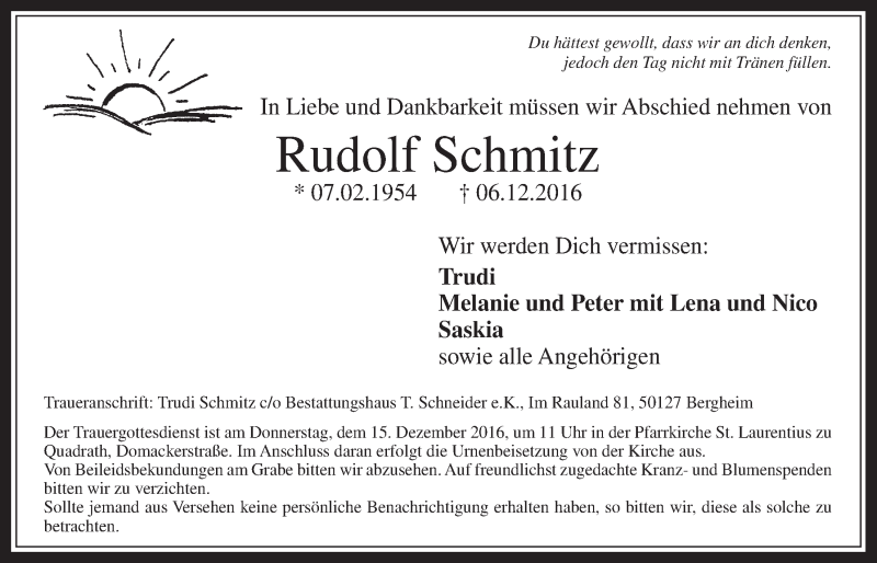  Traueranzeige für Rudolf Schmitz vom 14.12.2016 aus  Werbepost 