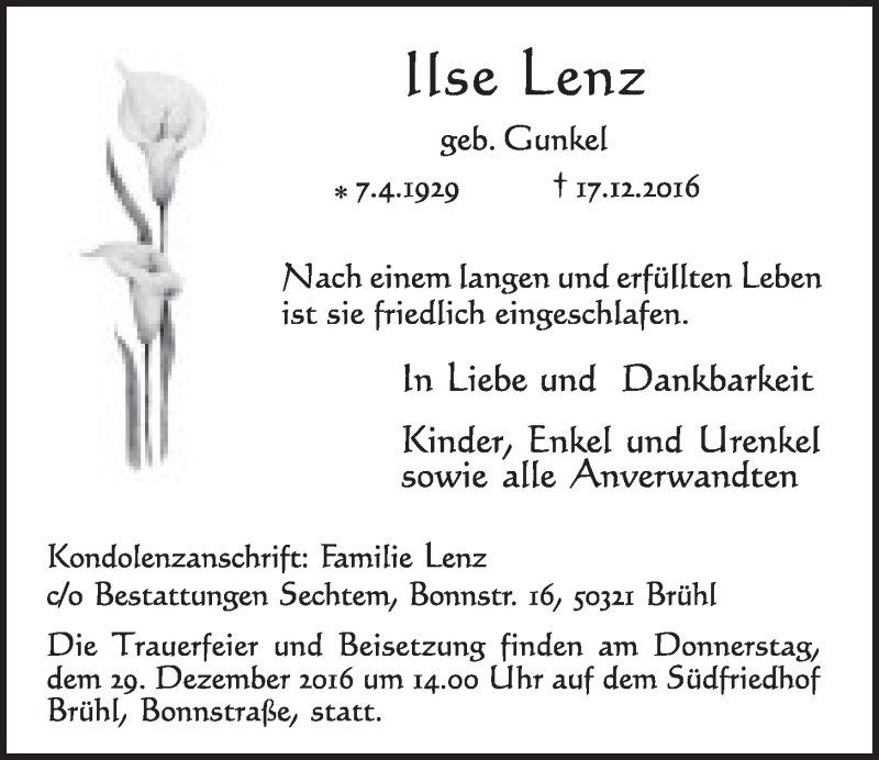  Traueranzeige für Ilse Lenz vom 28.12.2016 aus  Schlossbote/Werbekurier 