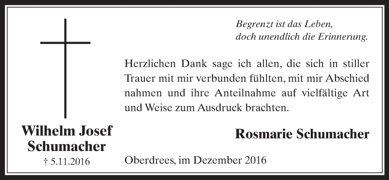 Traueranzeige für Wilhelm Josef Schumacher vom 07.12.2016 aus  Schaufenster/Blickpunkt 