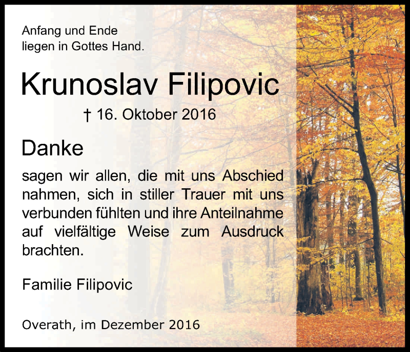  Traueranzeige für Krunoslav Filipovic vom 10.12.2016 aus Kölner Stadt-Anzeiger / Kölnische Rundschau / Express