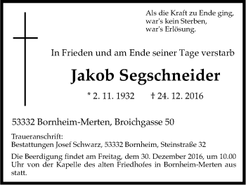 Anzeige von Jakob Segschneider von Kölner Stadt-Anzeiger / Kölnische Rundschau / Express