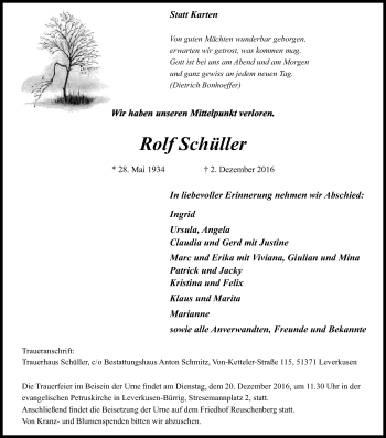 Anzeige von Rolf Schüller von Kölner Stadt-Anzeiger / Kölnische Rundschau / Express