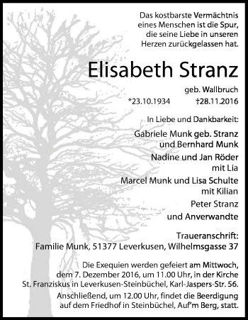 Anzeige von Elisabeth Stranz von Kölner Stadt-Anzeiger / Kölnische Rundschau / Express