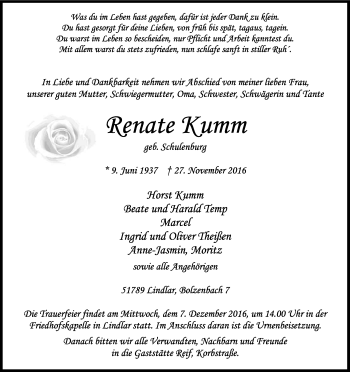 Anzeige von Renate Kumm von Kölner Stadt-Anzeiger / Kölnische Rundschau / Express