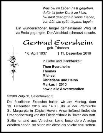 Anzeige von Gertrud Eversheim von Kölner Stadt-Anzeiger / Kölnische Rundschau / Express