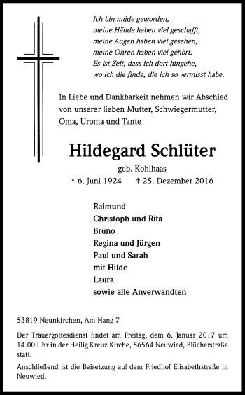 Anzeige von Hildegard Schlüter von Kölner Stadt-Anzeiger / Kölnische Rundschau / Express