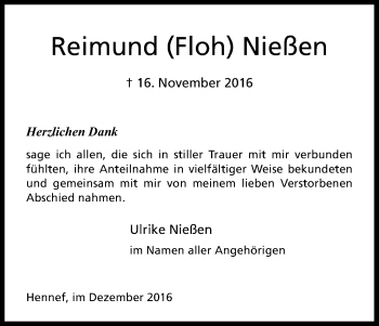 Anzeige von Reimund Floh Nießen von Kölner Stadt-Anzeiger / Kölnische Rundschau / Express